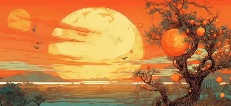 秋季田野成熟的石榴树手绘背景,插画/手绘图,插画/手绘图库,插画/手绘图下载,插画/手绘